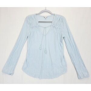 Lucky Brand Tunic Top Women M Tasseled V Neck Elastic Long Sleeve Lt Blue White